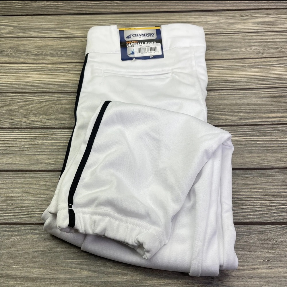 Champro Belted Youth Baseball Pants Size XL White w/ Black Piping
